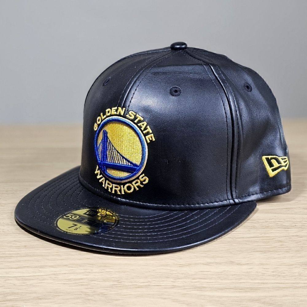 New Era Golden State Warriors Leather Hat Cap Black Yellow 59FIFTY 7 1/8 Curry